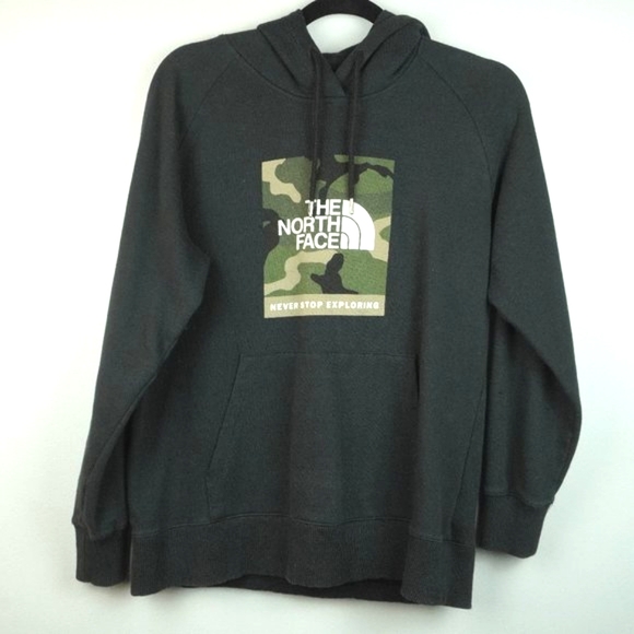 The North‎ Face Black Camo Logo Pullover Hooded Sweatshirt Size Women's Medium - Picture 1 of 3